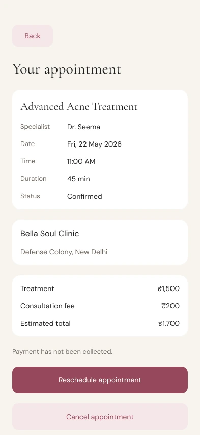 Appointment summary, clinic location and itemized estimate in one view.