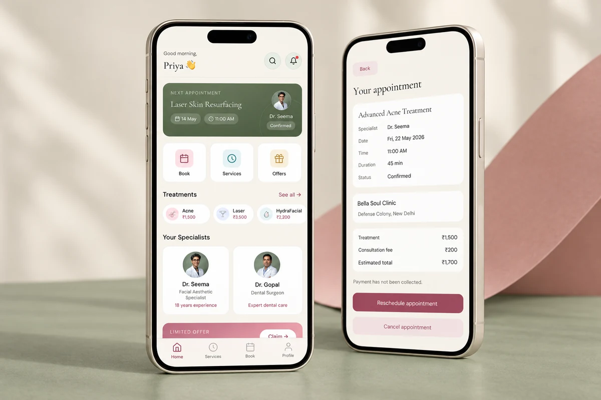 Bella Soul home and appointment details presented on two phones in a cream, sage and rose setting.