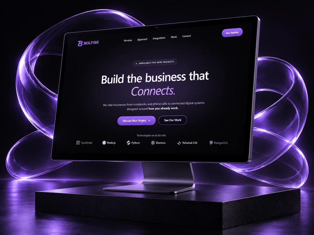 Boltise website presentation on a studio display with violet sculptural lighting.
