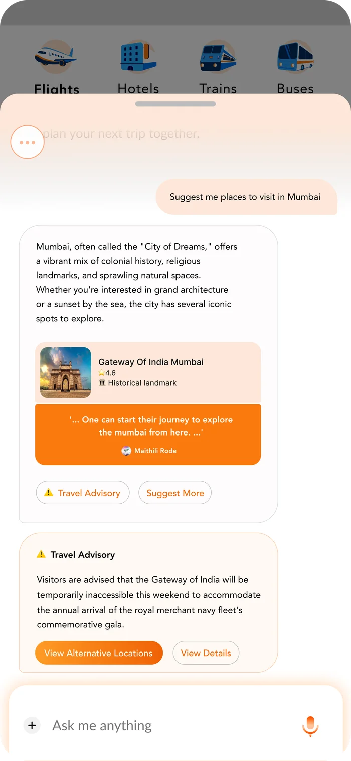 The example advisory offers alternative locations and a route to details. Its travel information is prototype content.