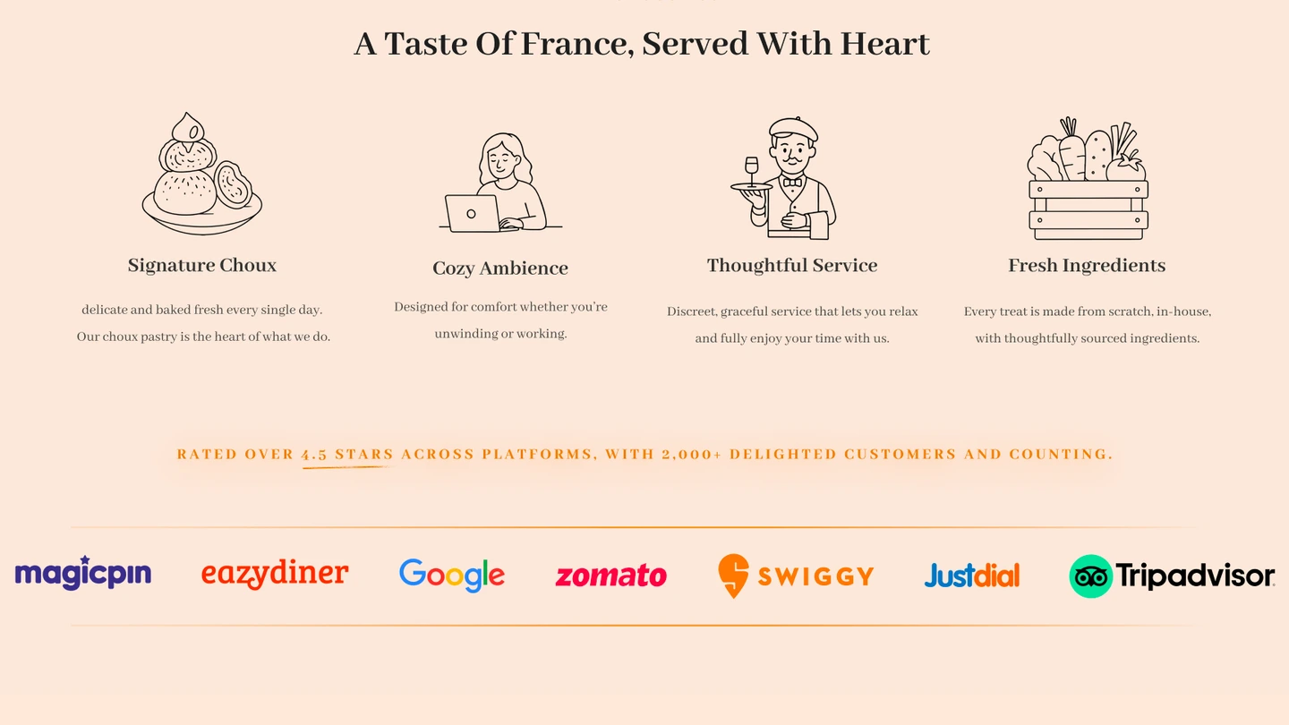 Line illustrations, serif headings and peach surfaces establish the lighter direction.