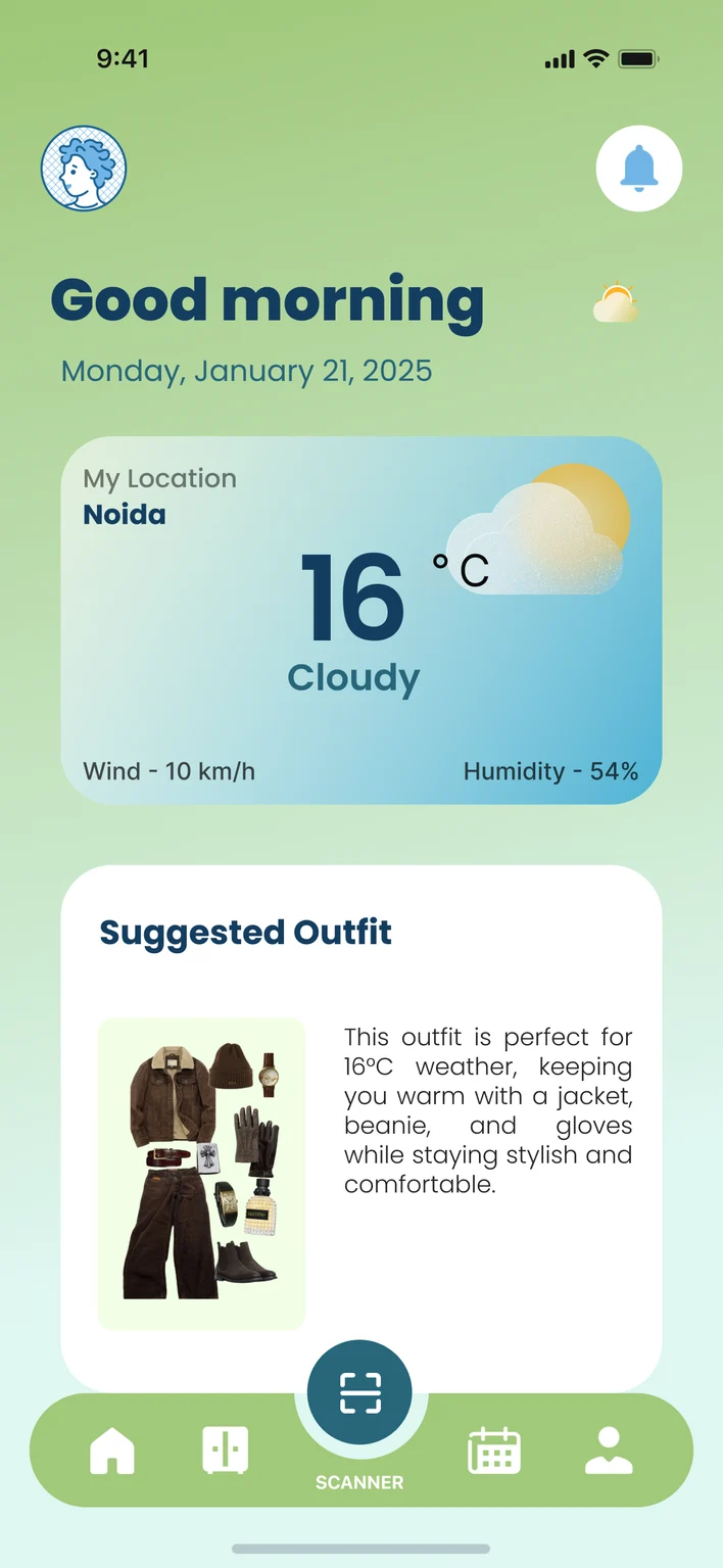 The home screen pairs weather with an example outfit; the calendar connects a selected date to an outfit preview.